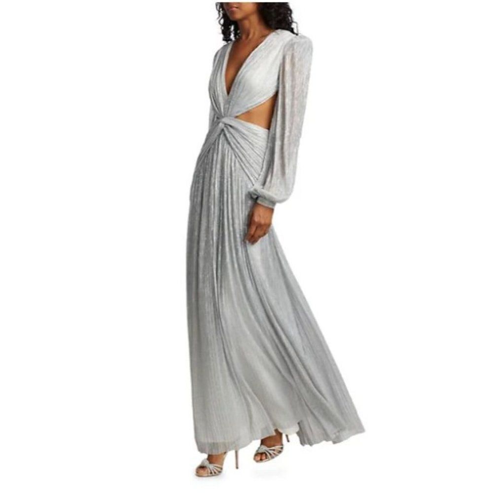 Patbo Womens Metallic Silver Cut out Dress Gown Maxi Sz 0 Balloon Sleeve NWT